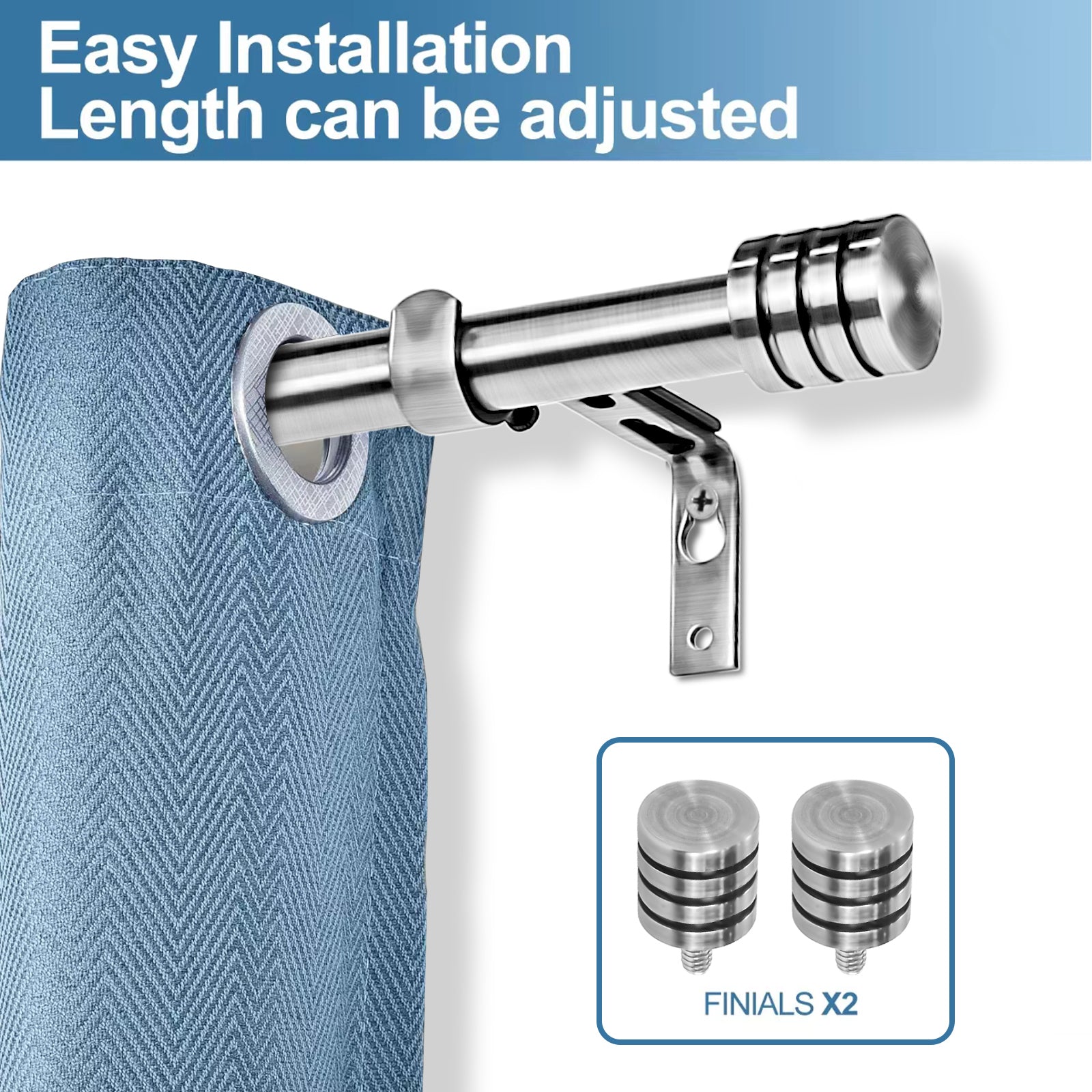 Adjustable Spire Curtain 5/8" Rod, 28"-48", Brushed Steel