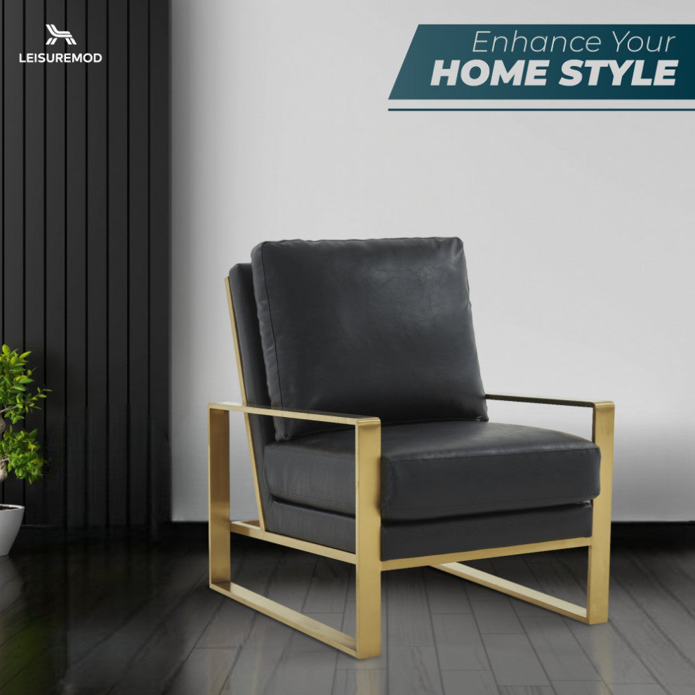 LeisureMod Jefferson Faux Leather Accent Armchair With Gold Frame, Black