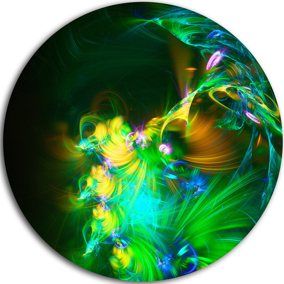Bright Green Fractal Flower In Dark, Abstract Disc Metal Wall Art, 23"