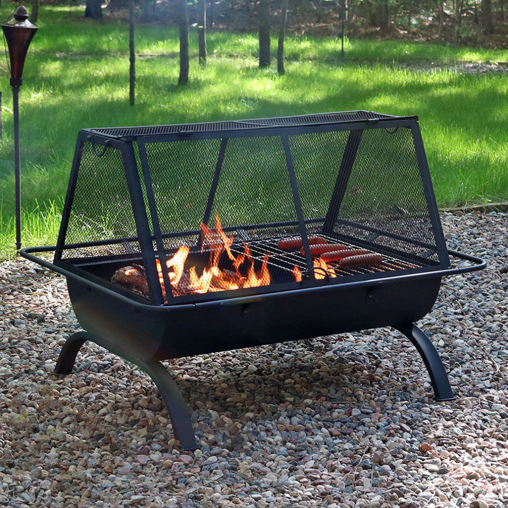 Sunnydaze Northland Grill Fire Pit With Spark Screen and Vinyl Cover, 36"