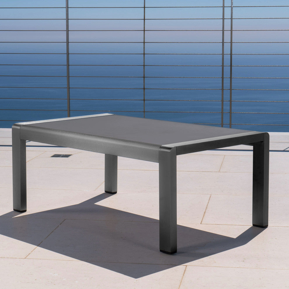 GDF Studio Crested Bay Outdoor Gray Aluminum Coffee Table With Glass Table Top