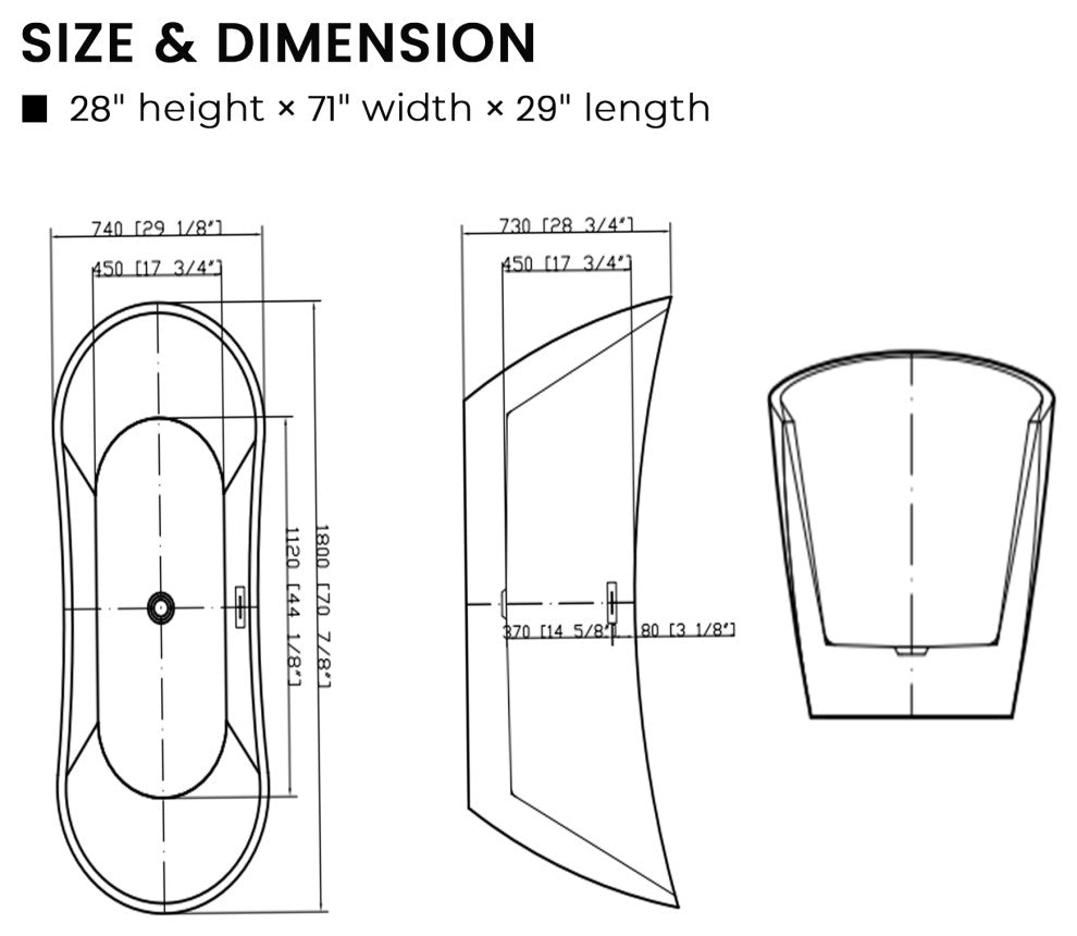 Vanity Art 71" Freestanding Acrylic Soaking Bathtub