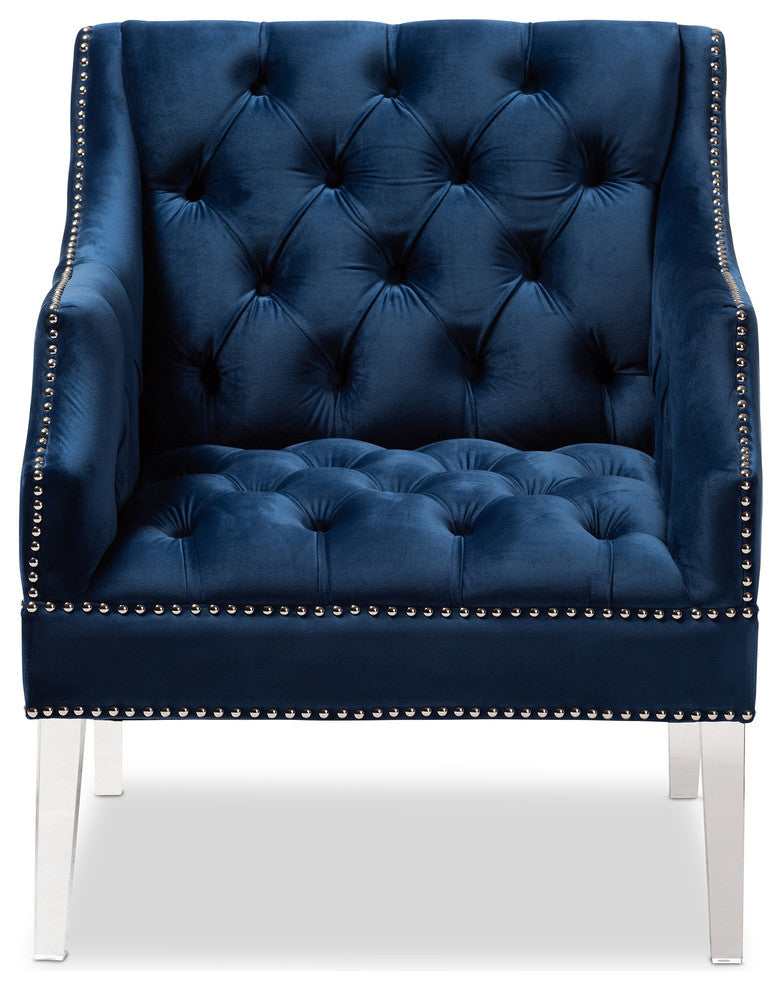Jeana Contemporary Navy Velvet Fabric Lounge Chair With Acrylic Legs