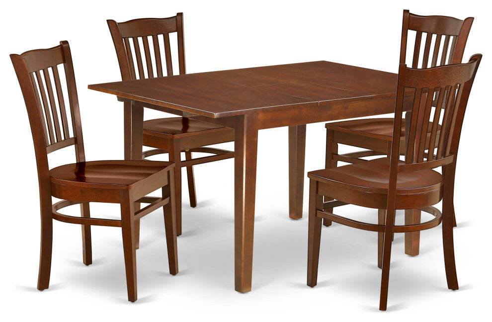5Pc 42/54" Family Table, 12 In Self Storing Butterfly Leaf, 4 Wood Seat Chairs