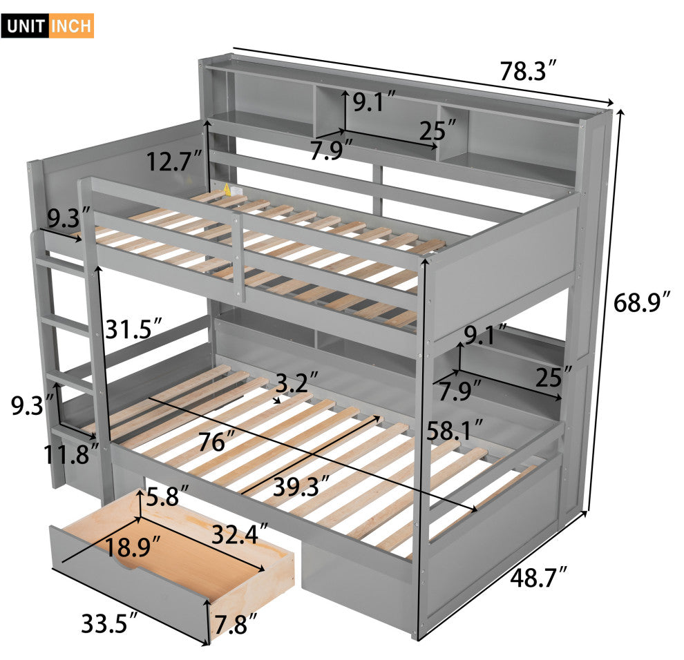 Gewnee Twin Size Bunk Bed with Shelves Beside both Upper and Down Bed in Gray