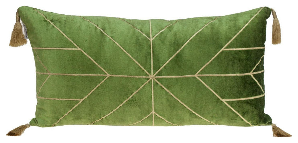 Olive and Gold Geo Velvet Lumbar Pillow With Gold Tassels