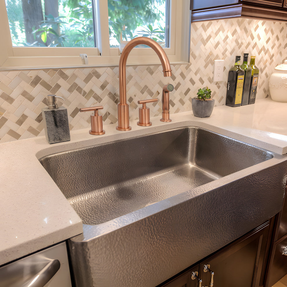 Akicon™ Two-Handles Copper Widespread Kitchen Faucet With Plastic Side Sprayer