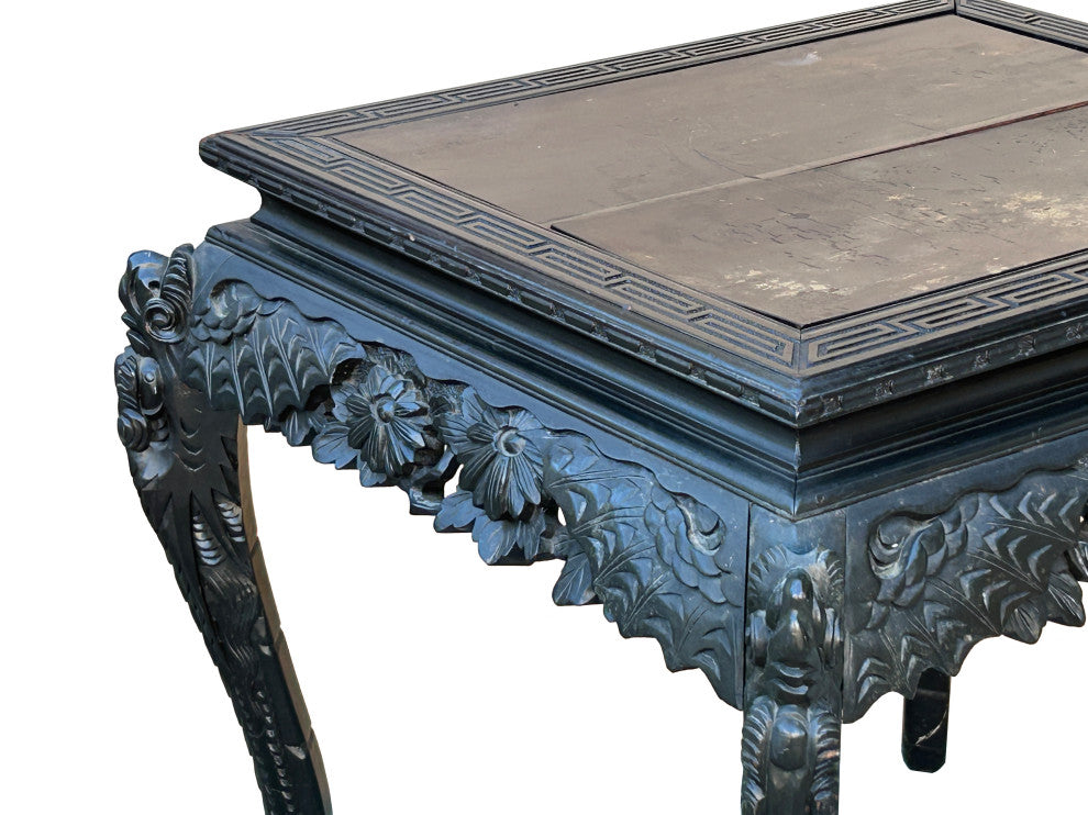 Vintage Chinese Black Relief Floral Carving Claw Legs Side Console Table Hws4812