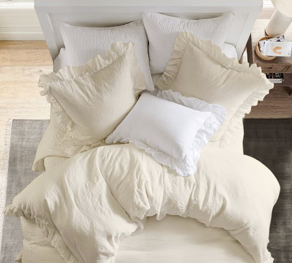 Organic Cotton 300 TC GOTS Certified 8 Internal Ties Ruffled Duvet Set, Ivory, King(108"x92")