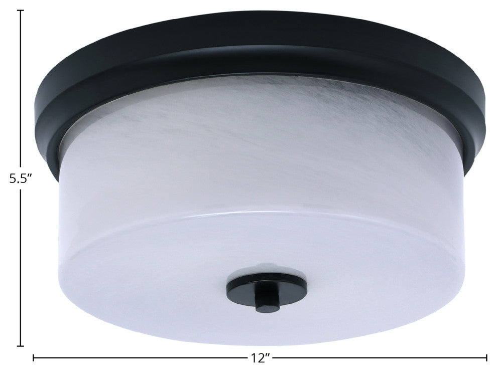 12" 2-Light Flush Mount Light, Matte Black, White Marble Glass