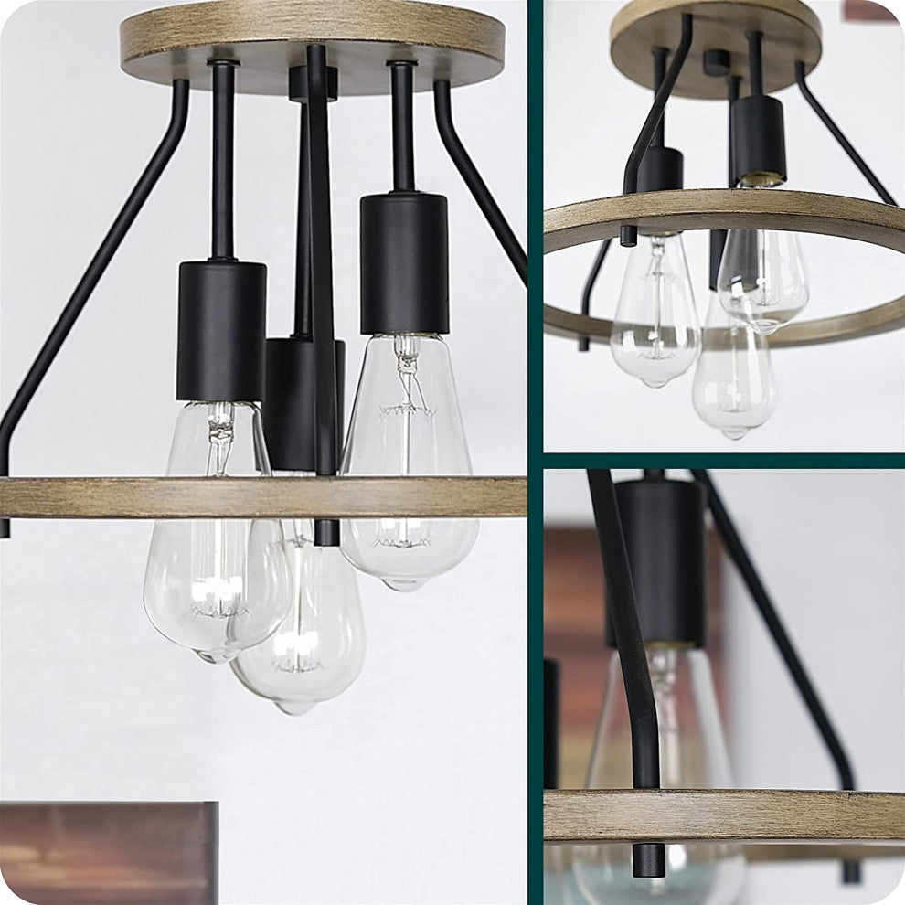 3 Light Farmhouse Flush Mount Light, Wood Ceiling Lamp