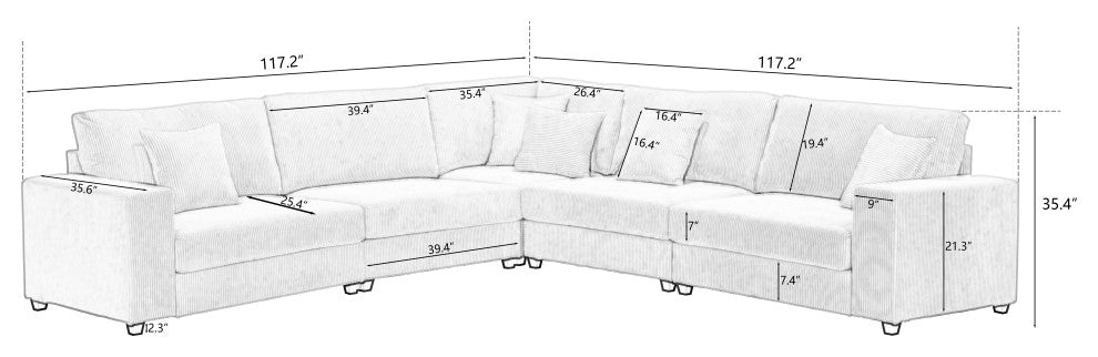 117.2'' Corduroy Modular Sofa Sectional with Matching Accent Pillows, Beige