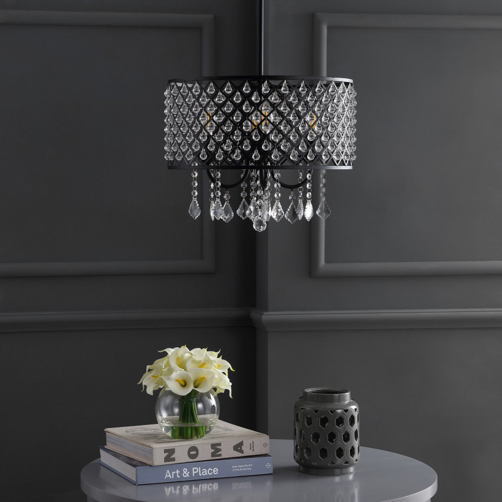 Gigi Metal and Crystal Adjustable LED Drop Pendant, Black and Clear, 17