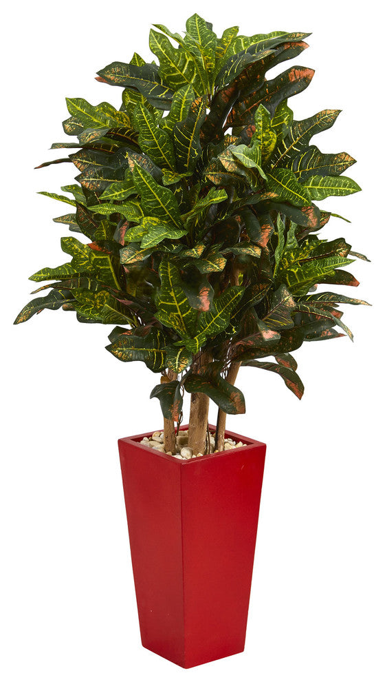4" Croton Artificial Plant, Red Planter