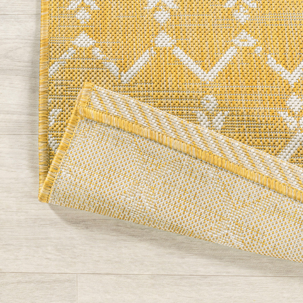 Ourika Moroccan Geometric Indoor/Outdoor Rug, Yellow/Cream, 5' Square