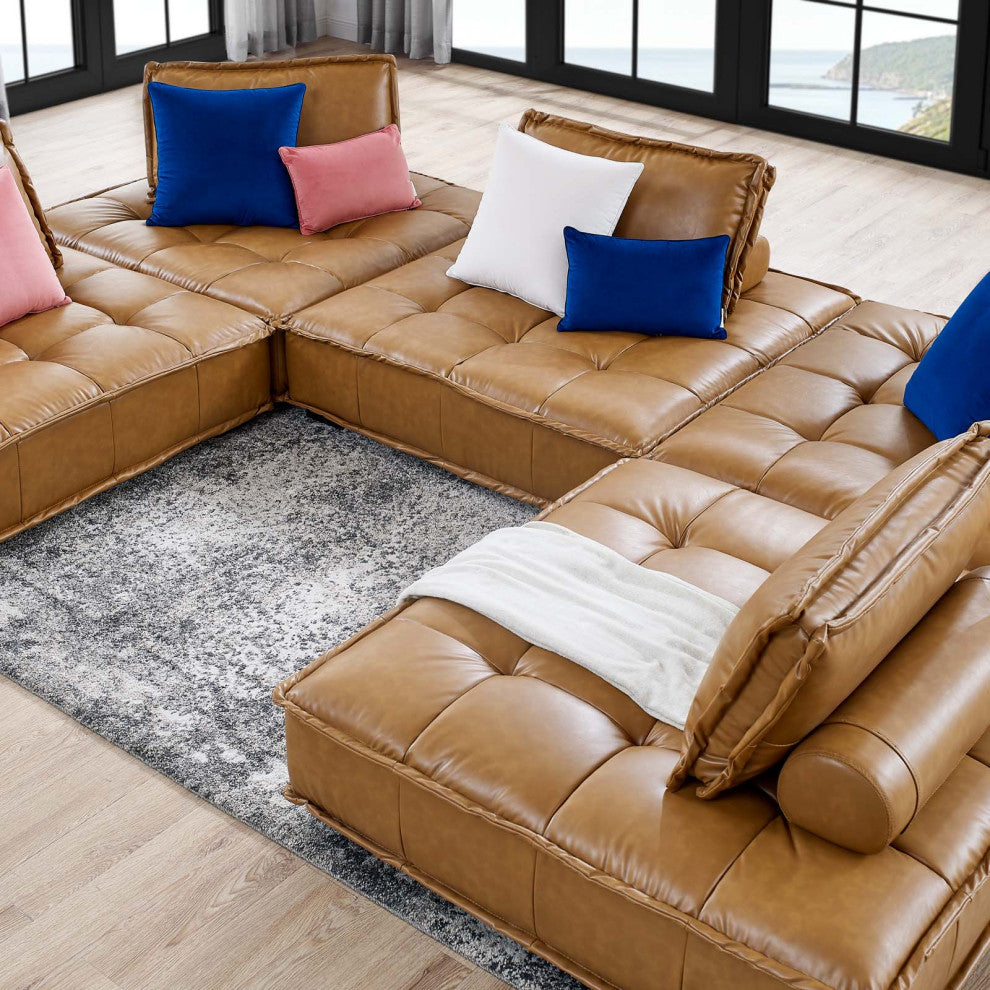 Saunter Tufted Vegan Leather Vegan Leather 5-Piece Sectional Sofa Tan