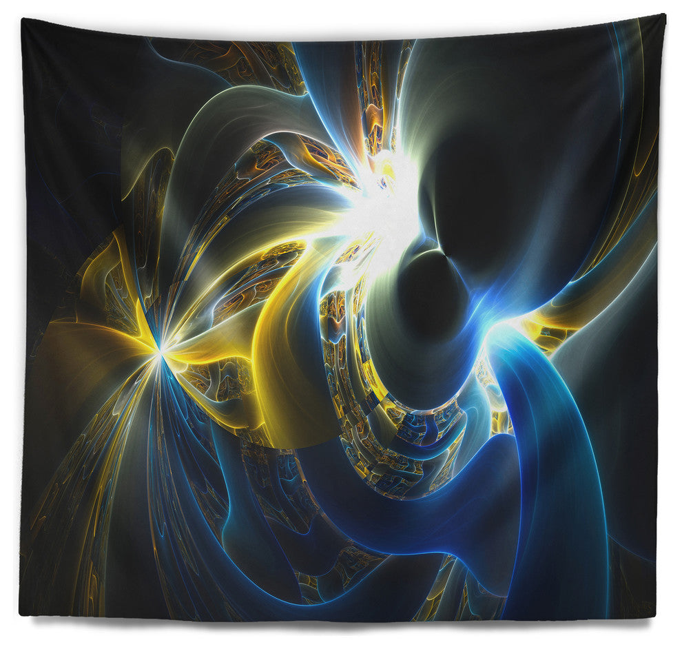 Glowing Blue Yellow Plasma Abstract Wall Tapestry, 92"x78"