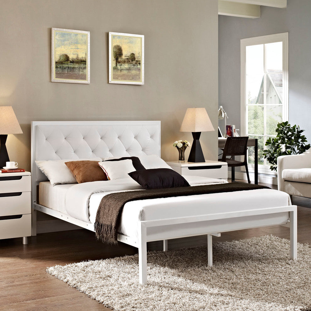 Modern Contemporary Full Size Vinyl Bed Frame, White Faux Leather