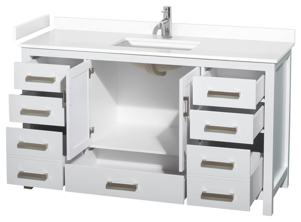 60" Single Bathroom Vanity, White, White Cultured Marble Countertop, Sink