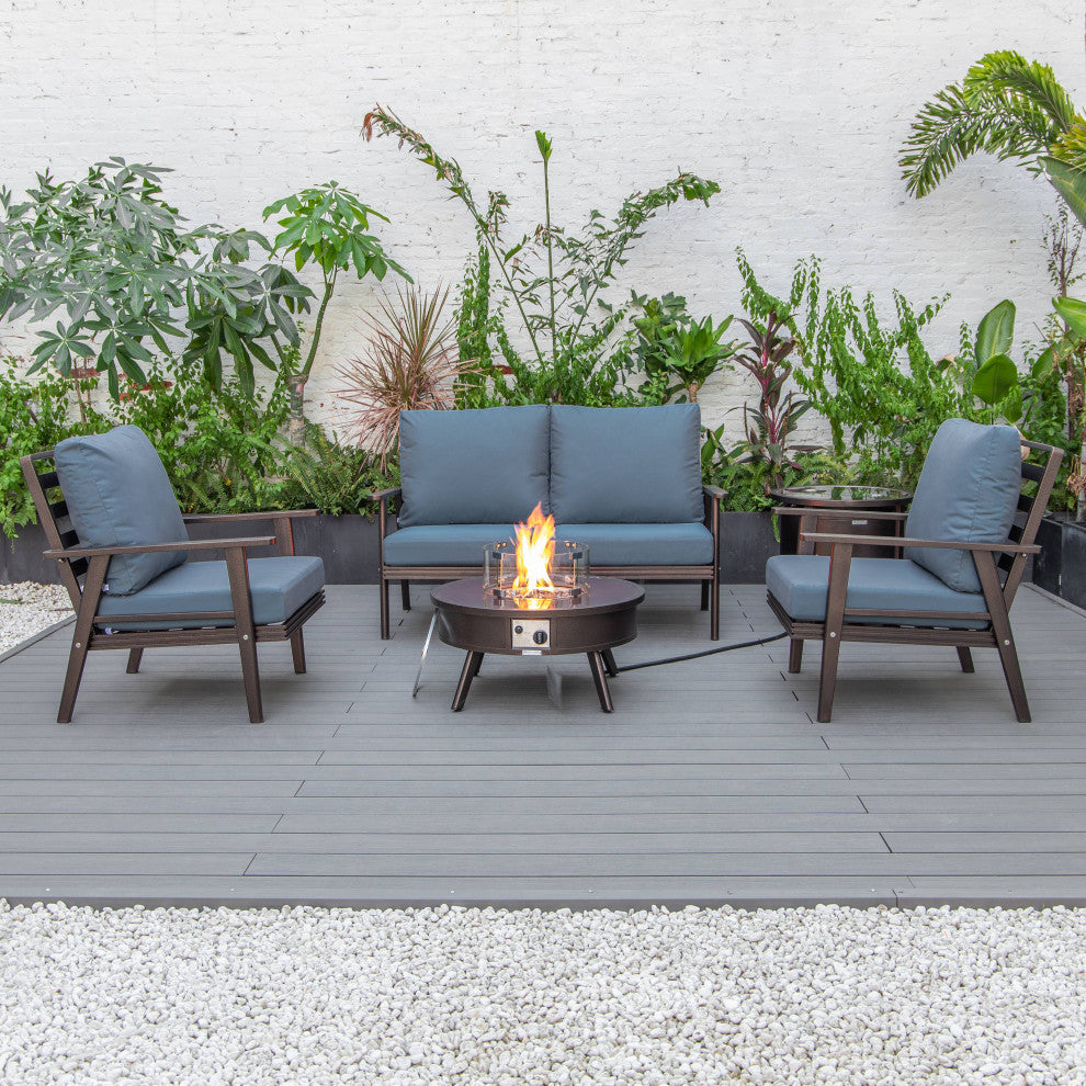 LeisureMod Walbrooke Brown Patio Sofa Set With Round Fire Pit Table, Navy Blue