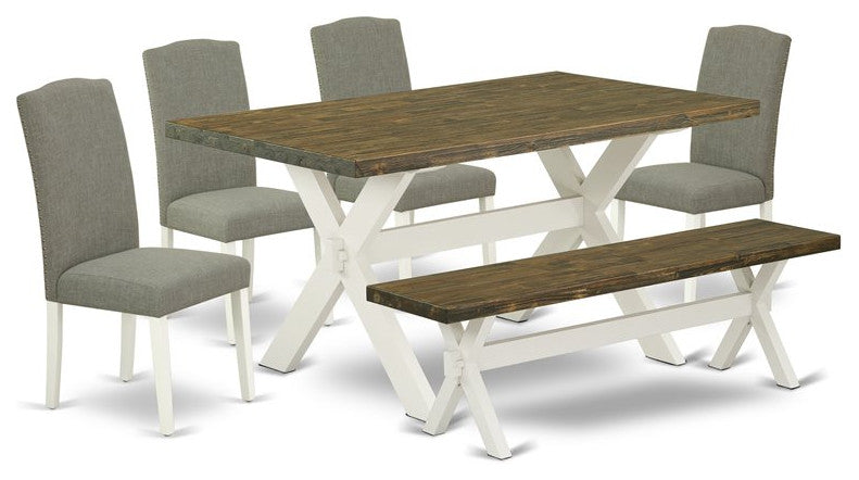 X076En206-6, 6-Piece Table Top and Jacobean Small Bench and 4 Chairs, Black