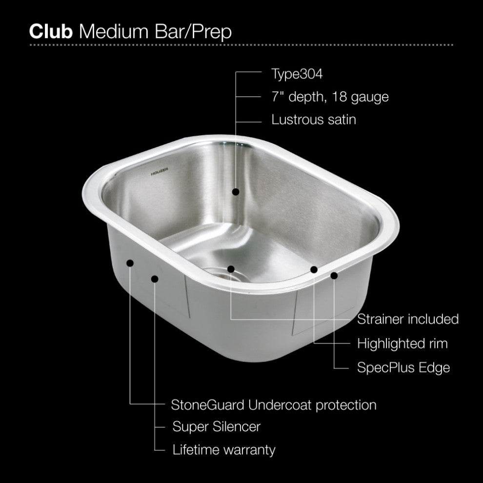 Houzer CS-1407 Club 13-5/8" Undermount Single Basin Stainless - Stainless Steel
