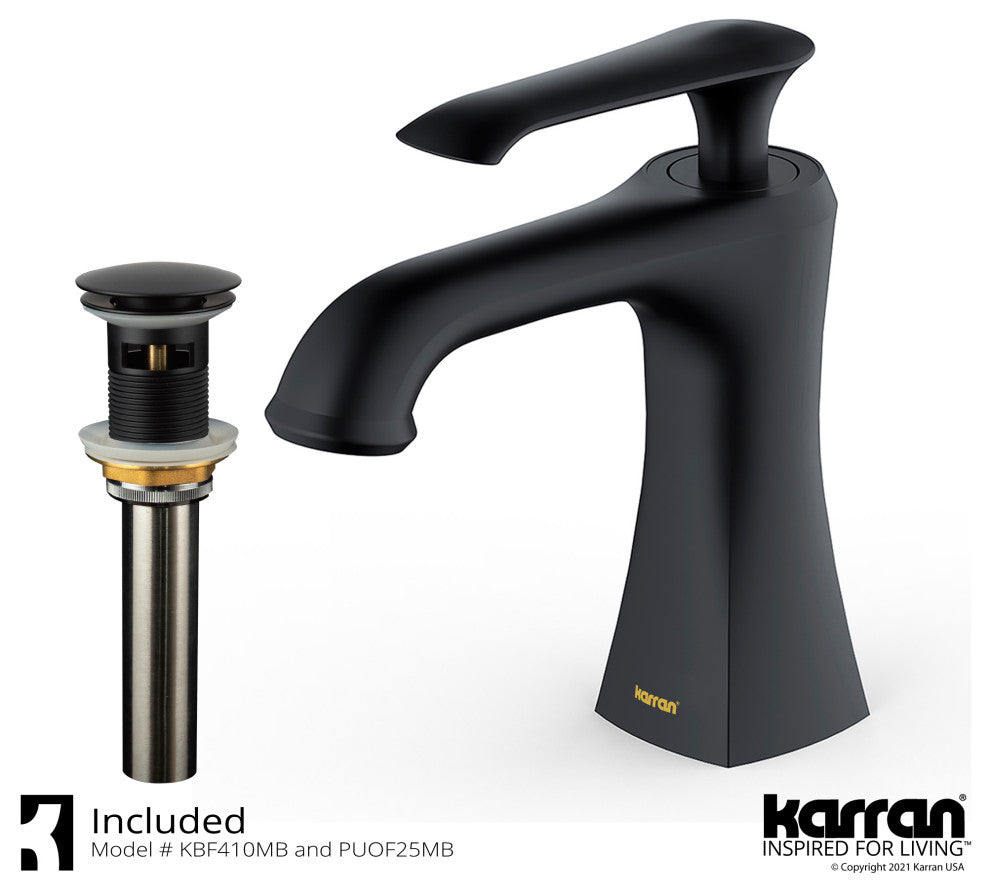 Karran 1-Hole 1-Handle Bathroom Faucet With Pop-Up Drain, Matte Black
