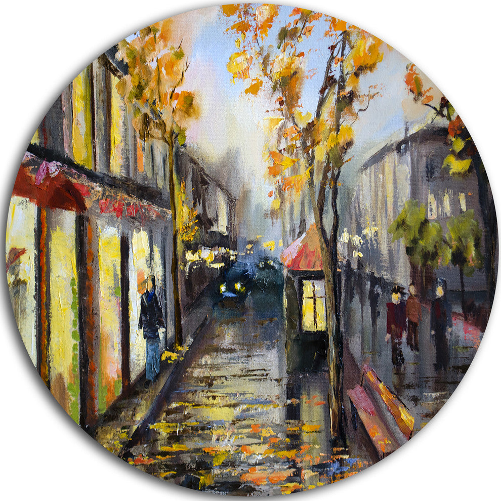 City In Yellow Shade, Modern Cityscape Disc Metal Wall Art, 36"