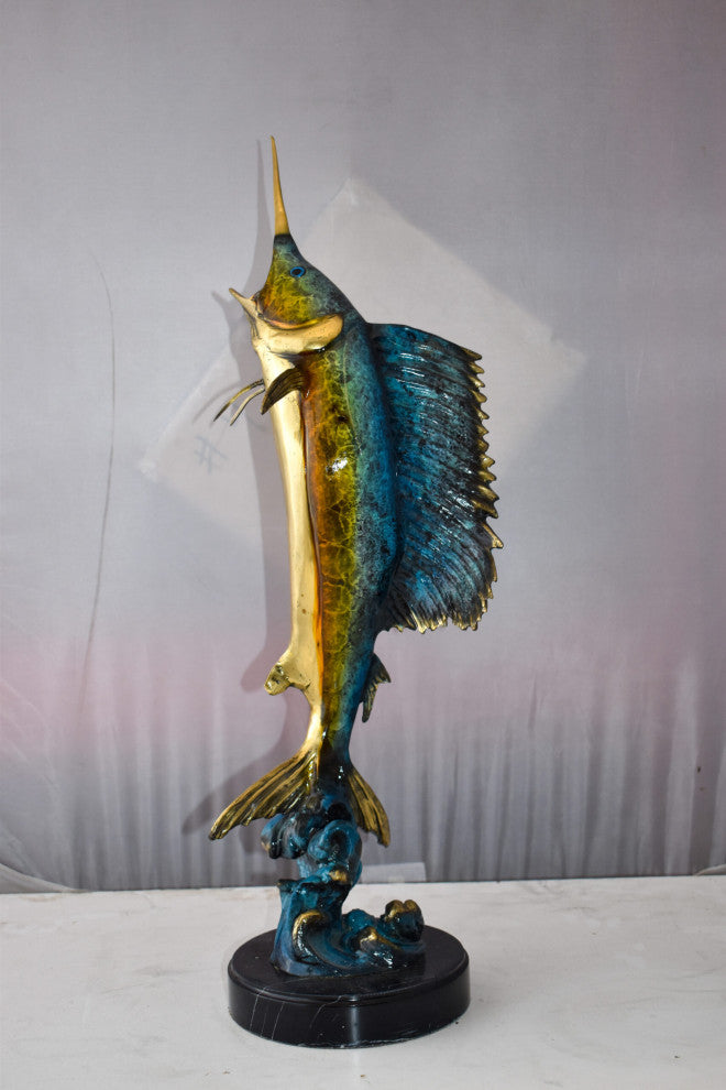 Upright Fierce Marlin Jumping Off the Water Bronze Statue  Size: 12" x 8" x 30