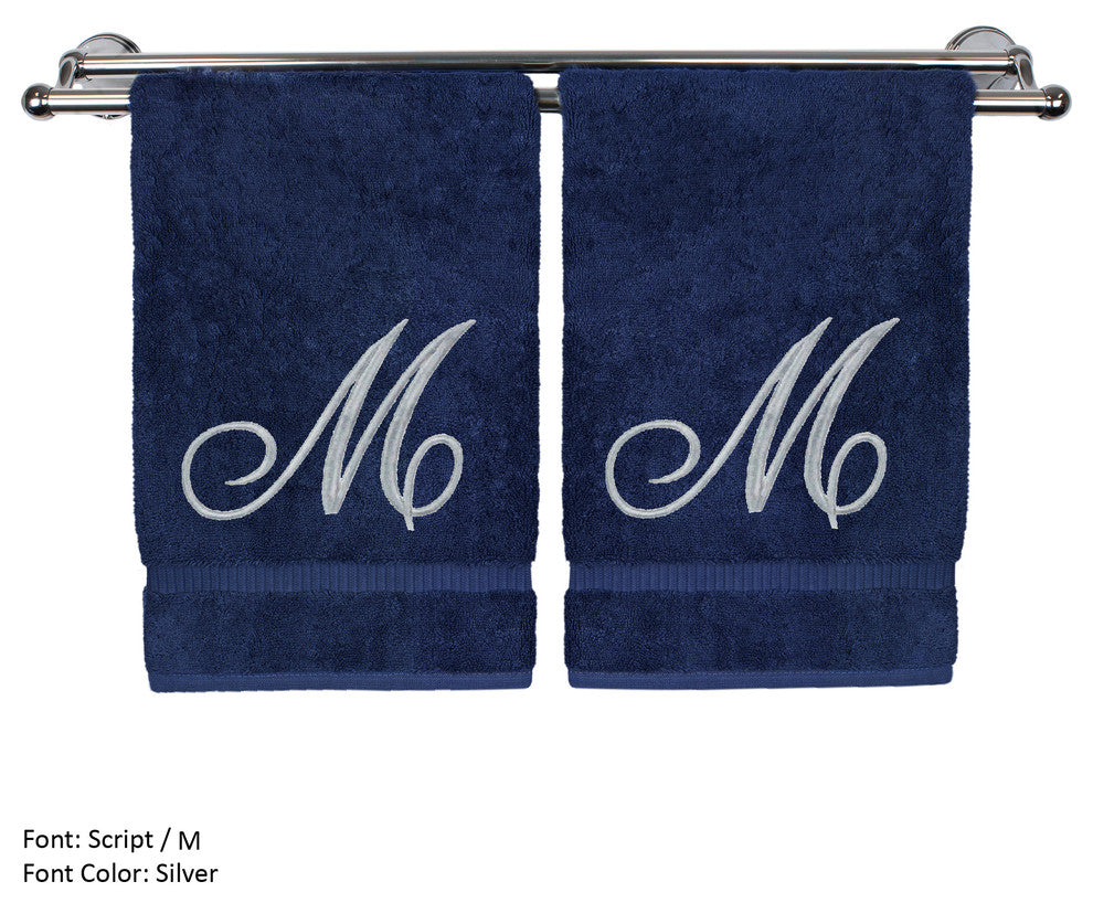 Monogrammed Washcloth, Set of 2, Silver Script embroidery, Initial M Navy