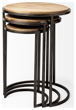 Glover Medium Brown Solid Wood w/ Black Metal Base Nesting Accent Tables