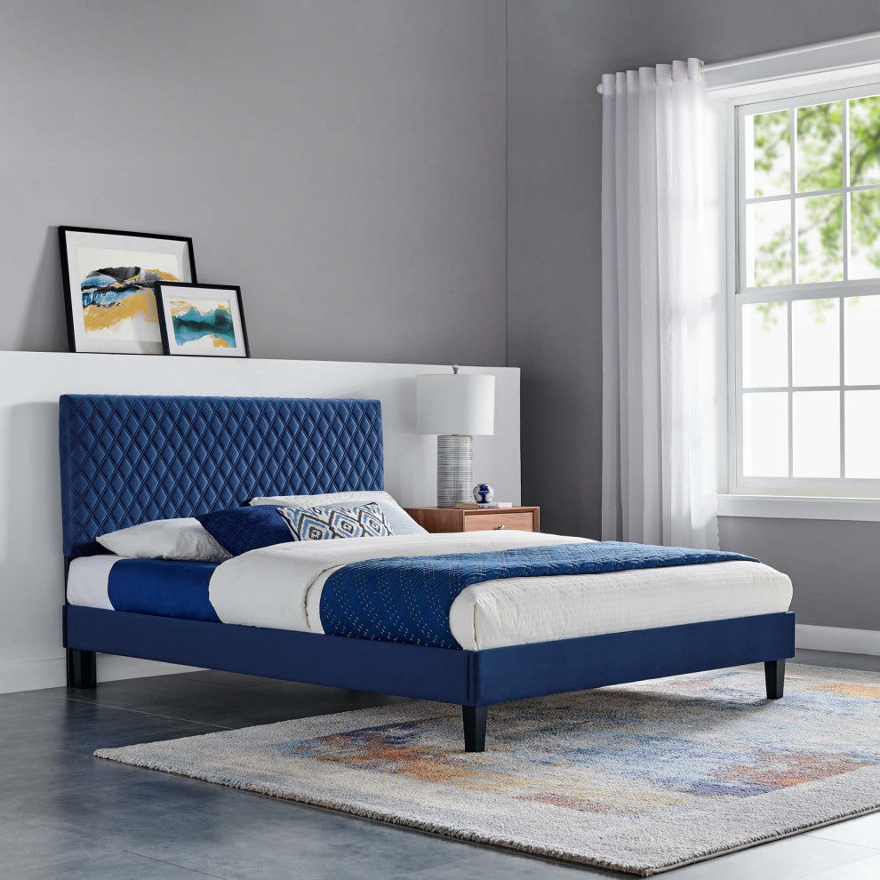 Platform Bed Frame, King Size, Blue Navy, Velvet, Modern, Bedroom Guest Suite