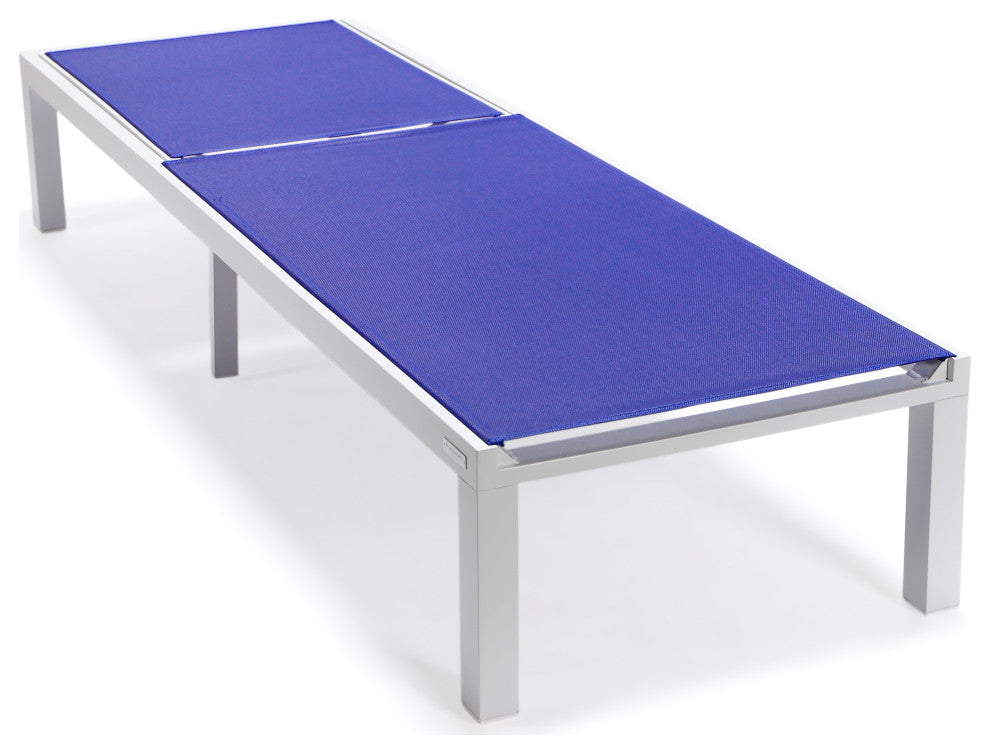 LeisureMod Marlin Patio Chaise Lounge Chair With White Frame, Navy Blue