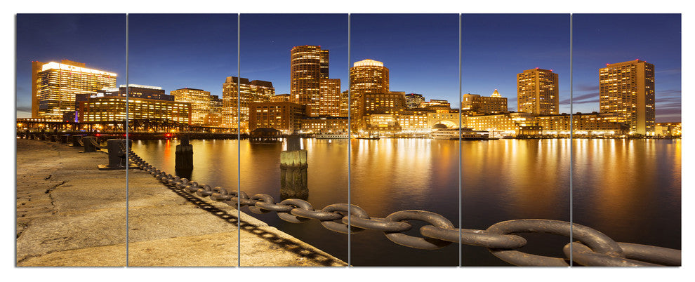 USA Skyline from Fan Pier at Night, Cityscape Canvas Print, 70"x28", 6 Panels