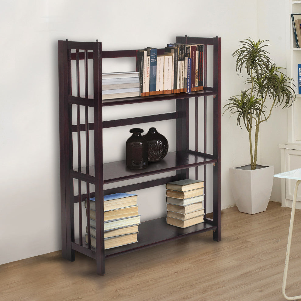 3 Shelf Folding Bookcase, Espresso, Large, 3 Shelf