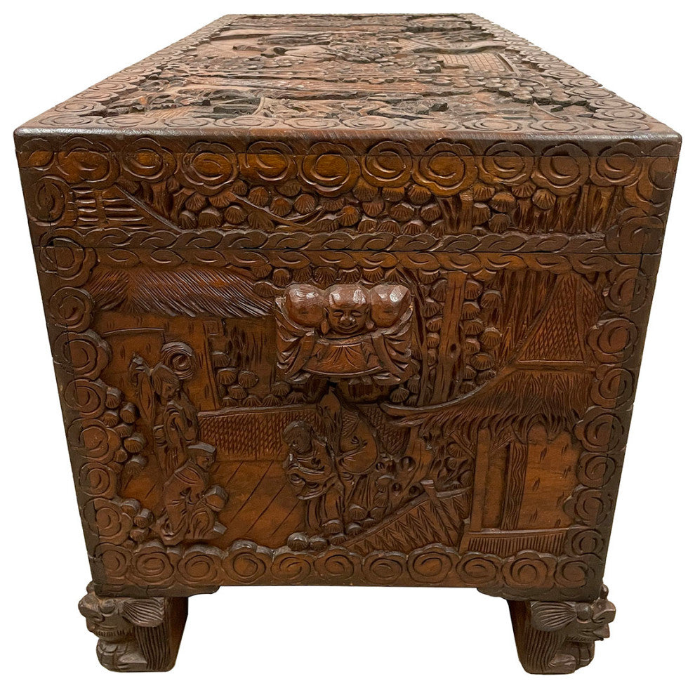 Consigned Early 20th Century Chinese Carved Camphor Wood Hope Chest