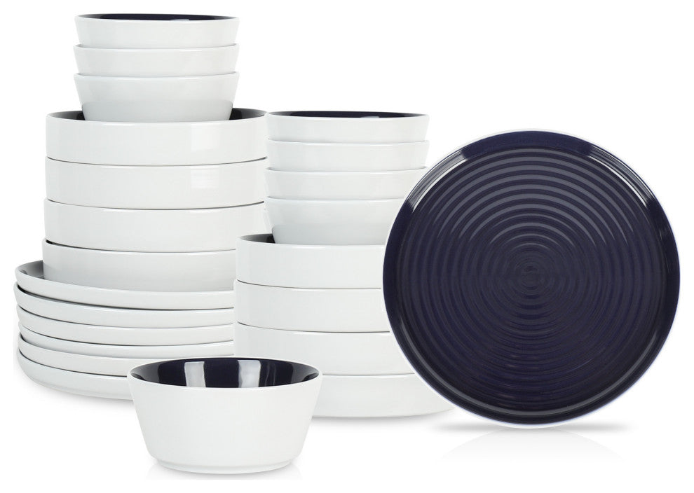 Stone Lain Elica Stoneware 24 Piece Dinnerware Set, Navy and White