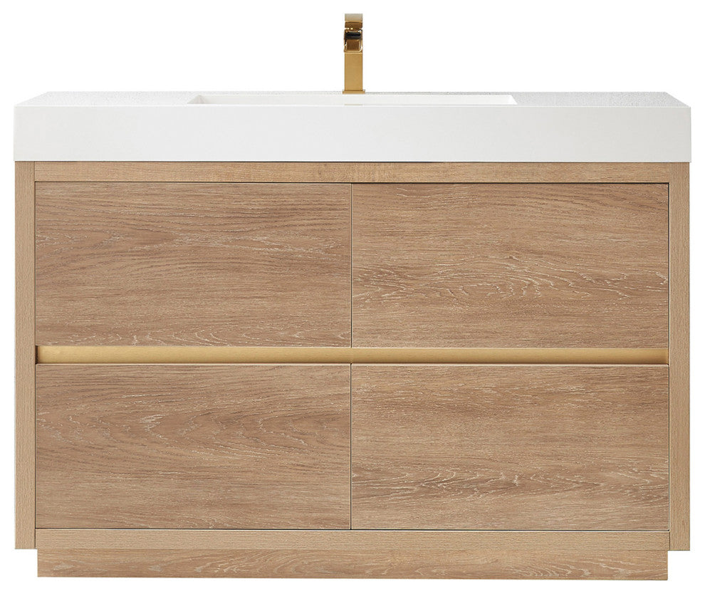 Huesca Bath Vanity, Integrated Sink Top, North American Oak, 48", Without Mirror