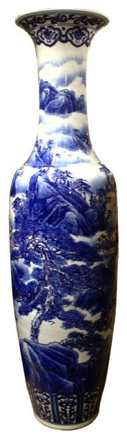 71" Oriental Temple Vase Hand Painted In Blue And White Landscape