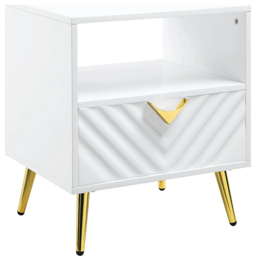 Tyra 22 Inch Wood End Table with Open Space, Wave Pattern, White, Gold