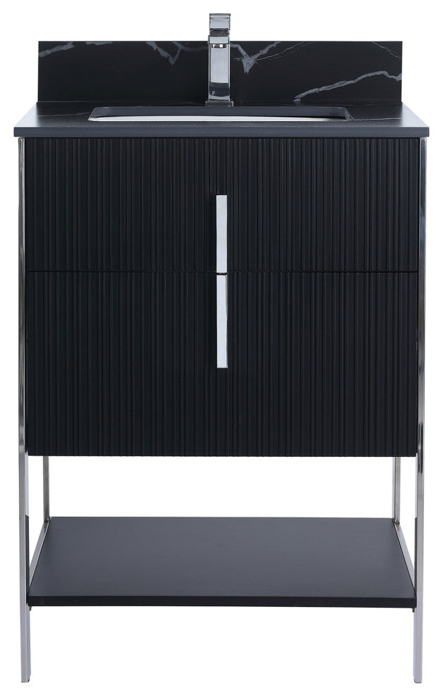 Serenity Bath Vanity, Black Matte, Chrome, Black Marble Stone Top, 1-Hole