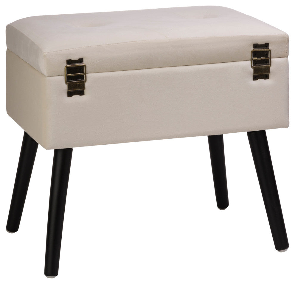 19.69"L Velvet Upholstered Storage Stool, Seashell White