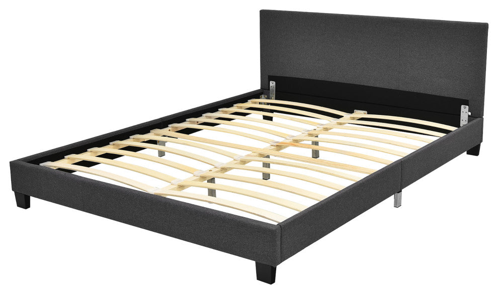 Costway Full Upholstered Platform Bed Frame with Linen Headboard Wood Slat Gray
