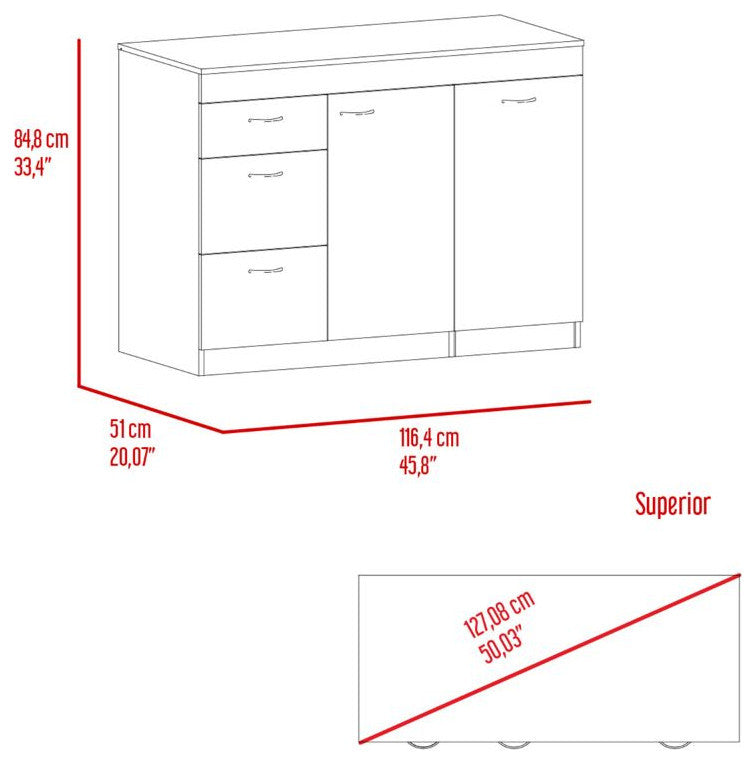 Joliet Base Cabinet with 3 Drawers and Flexible Cabinet, White/Dark Walnut