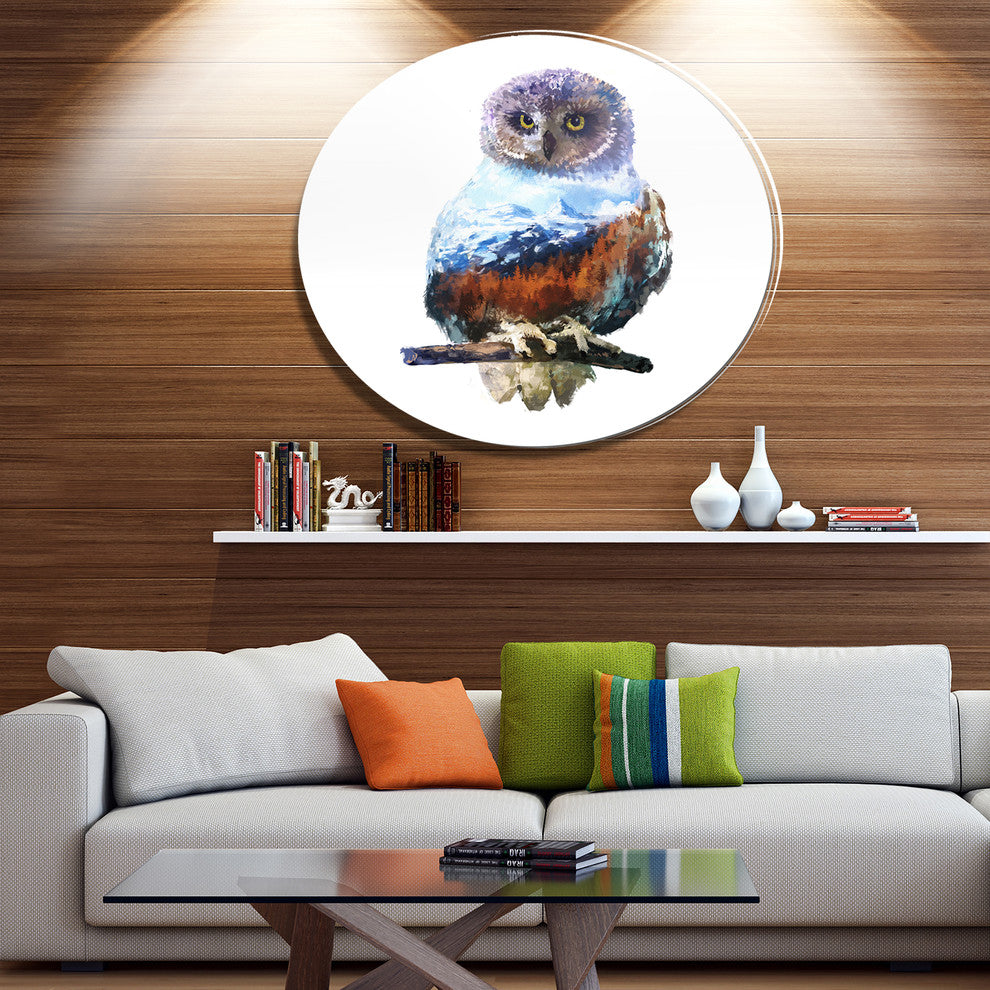 Owl Double Exposure Illustration, Animal Round Wall Art, 11"