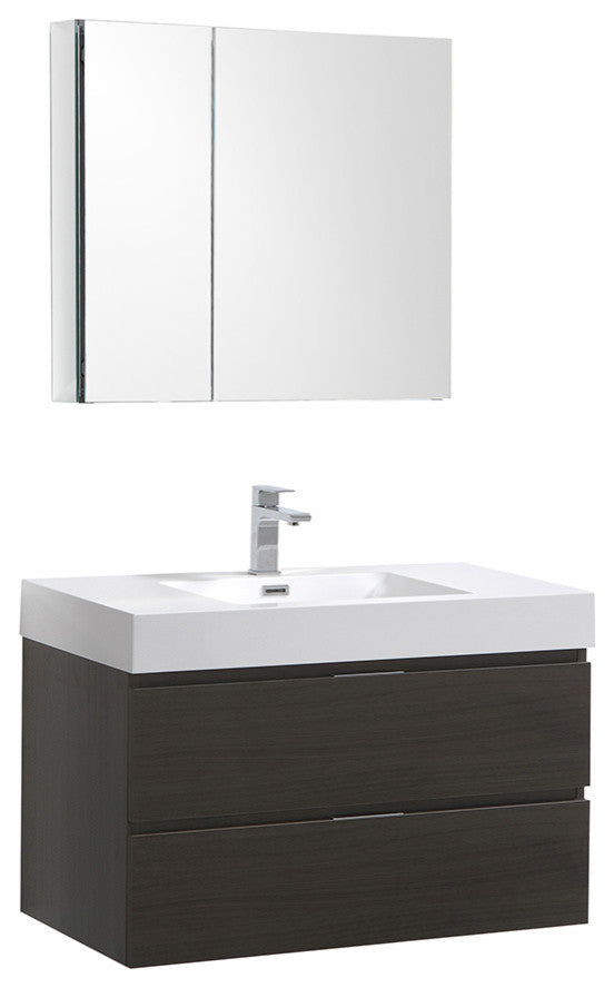 Valencia 36" Gray Oak Wall Hung Bathroom Vanity Set, Cabinet, Faucet, FFT1030BN