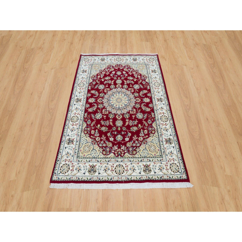 Burgundy Red, Nain Design, 250 KPSI, Soft Wool Hand Knotted Rug, 4'6"x6'10"