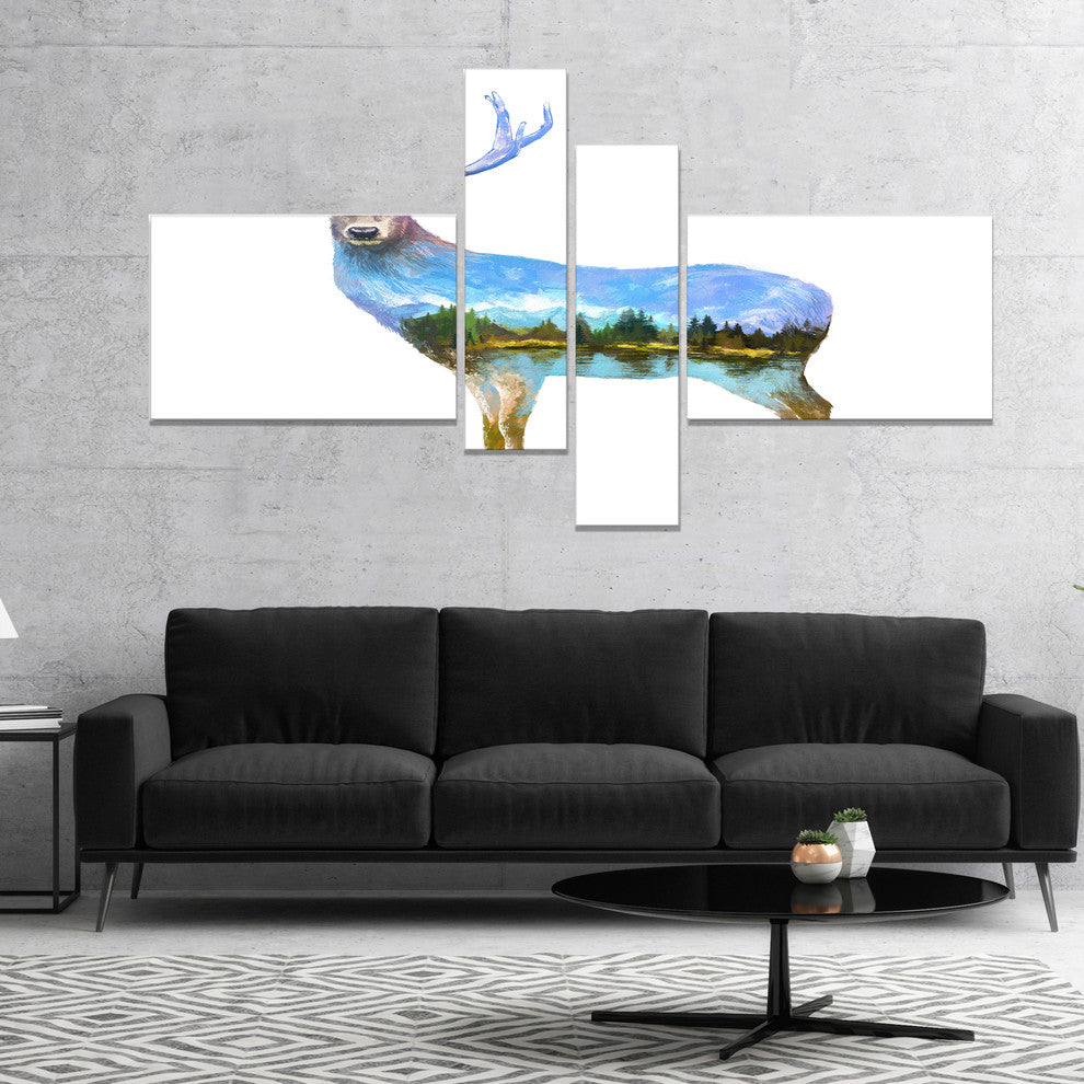 Deer Double Exposure Illustration, Large Animal Canvas Print, 60"x32", 4 panels