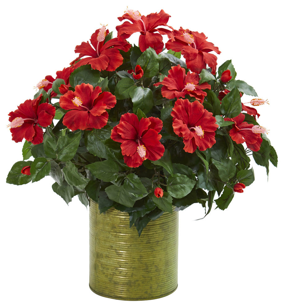 Nearly Natural Hibiscus Artificial Plant in Metal Planter