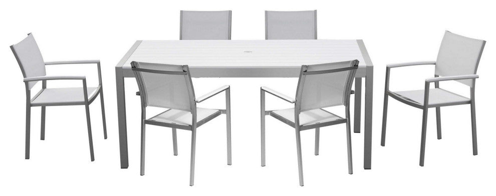 Benzara Fifi 7 Piece Dining Table Set, White Metal Frames, Smooth Fabric